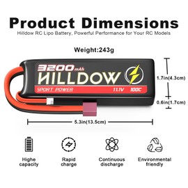 Hilldow 11.1V Lipo RC Battery 3S 100C 3200mAh Lipos Batteries Rechargeable Soft Case with Deans T Connector for RC Airplane Helicopter RC Car Truck Boat UAV Drone FPV(2 Packs)