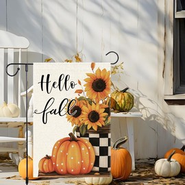 Hello Fall Garden Flag Sunflowers Mason Jar Garden Flags 12x18 Inch Double Sided Burlap Buffalo Plaid Outside Decor Autumn Thanksgiving Pumpkin Yard Farmhouse Lawn Outdoor Decoration