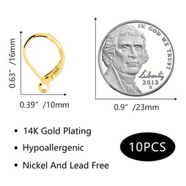 10Pcs 14K Gold Plated French Earrings Hooks 10x16mm Hypoallergenic Sterling Silver Earrings Findings Dangle Hoop with Loop Gold Ear Hooks Replaceable Leverback Hoops Supplies for Jewelry Making Set