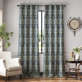 JINCHAN 100% Blackout Curtains for Bedroom, Blue Damask Patterned Curtains 96 Inch Length for Living Room, Vintage Medallion Art Deco Drapes, Thermal Insulated Grommet Window Treatments, 2 Panels Blue