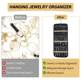 Hanging Jewelry Organizer for Closet - Necklace Earring Holder Organizer with Dustproof Cover and Rotating Metal Hook - Jewelry Storage Display Stand 1 Piece, Large, Black