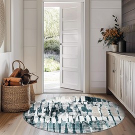 jinchan Round Rug 4ft Modern Abstract Washable Bedroom Circle Rug Blue Multi Contemporary Soft Non Slip Backing Carpet for Living Room Bathroom Entryway