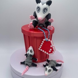 Possum Opossum Mama 2 MINI BABIES Trash Can and FREE 8-Bit Heart Keychain- 3D Printed Figurine Fidget Valentine's Day print mini desk figure desk buddy - Trash Can Colors: Red Trash Can Mama & 2 Babies