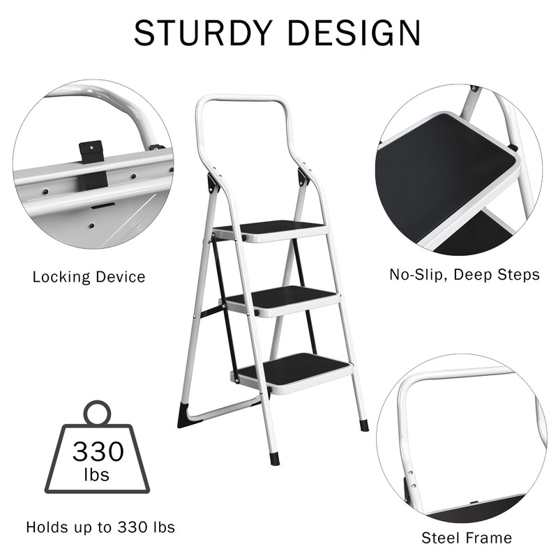3-Step Stool - Folding Ladder with Handrails, Attachable Tool Bag,