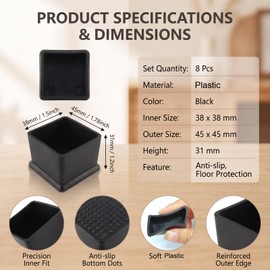 8 Pcs Square PVC Furniture Leg Caps, 1.5 x 1.5 Inch