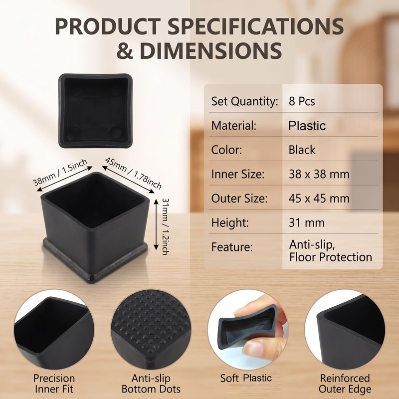 8 Pcs Square PVC Furniture Leg Caps, 1.5 x 1.5