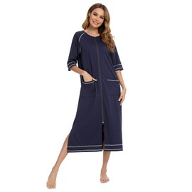 Artfasion Women Zipper Robe 3/4 Sleeves Cotton Robes Long Sleepwear with Pockets Bathrobe Loungewear Nightgown