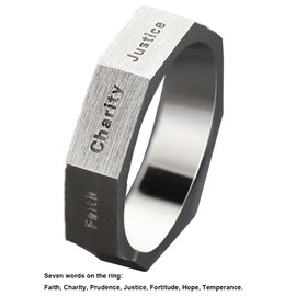 AZYOUNG Retro Silver Adjustable Open Index Finger Ring Seven Virtues Carved on Top Single Men Band, Silver, No Gemstone