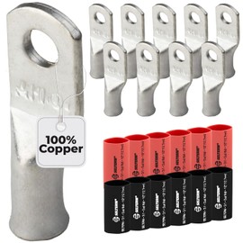 SELTERM 10pcs - 8 Awg - #10 Stud - Battery Lugs - Ring Terminal Connectors | with 12pcs 3:1 Black & Red Heat Shrink Tubing with Adhesive | Heavy Duty Battery Cable Ends - Tinned Copper Wire Lugs Kit