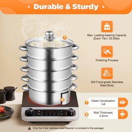 Gbonklong Gbonklong 5 Tier Thick-bottomed Stainless Steel Steamer Pot Food Steamer, 10-inch Pot with Tempered Glass Lid Cooking Multipurpose Cookware for Vegetable, tamale,Dumpling, Egg