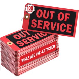 Out of Service Tags with Pre-Attached Wire Hangers, Set of 100 Equipment Repair and Inspection Tags, 13 pt Red Cardstock Hang Tag with Reinforced Eyelets, 6.22"x3.15"