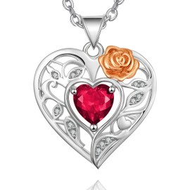 Trifasorie Heart Pendant Necklace for Women, 925 Sterling Silver 3D Rose Flower with Birthstone, 2mm Wide Cable Chain 18+2" Adjustable, Dainty Anniversary Birthday Gifts for Wife, Mom, Girlfriend