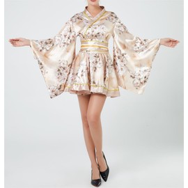 Women's Japanese Short Kimono Costume Traditional Geisha Anime Printed Bathrobe Gold Stamping Pattern Pajamas Sleepwear (Yellow and white, one size)