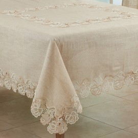 SARO LIFESTYLE Celeste Collection Lace Rose Border Tablecloth, 72", Natural