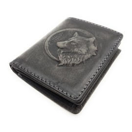 Lemasi Genuine Leather Mini Wallet 3D Eagle or Wolf with RFID Protection (Grey Wolf)