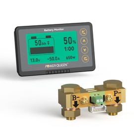 power queen 500A Battery Monitor with Shunt | Programmable Alarm | 8V-120V Voltage Range | LCD Display | 20ft Shielded Wire | Compatible with 12V Lithium, LiFePO4, Gel, Flooded Batteries