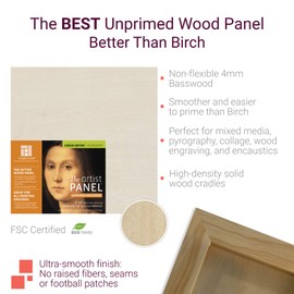 Ampersand Art Supply Unprimed Basswood Artist Panel, 1-1/2" Cradled Profile, 24"x24"