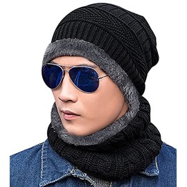 Winter Beanie Hats Scarf Set Thick Warm Slouchy Beanies Hat Knit Skull Cap Neck Warmer for Men Women,Black