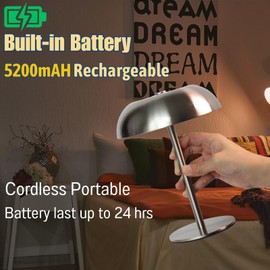 Portable LED Mushroom Table Lamp, Cordless Touch Desk Light with 5200mAh Rechargeable Battery, Stepless Dimming Small Lamp with 3 Colors and Brightness Control for Bedroom/Bar/Coffee shop (Silver)