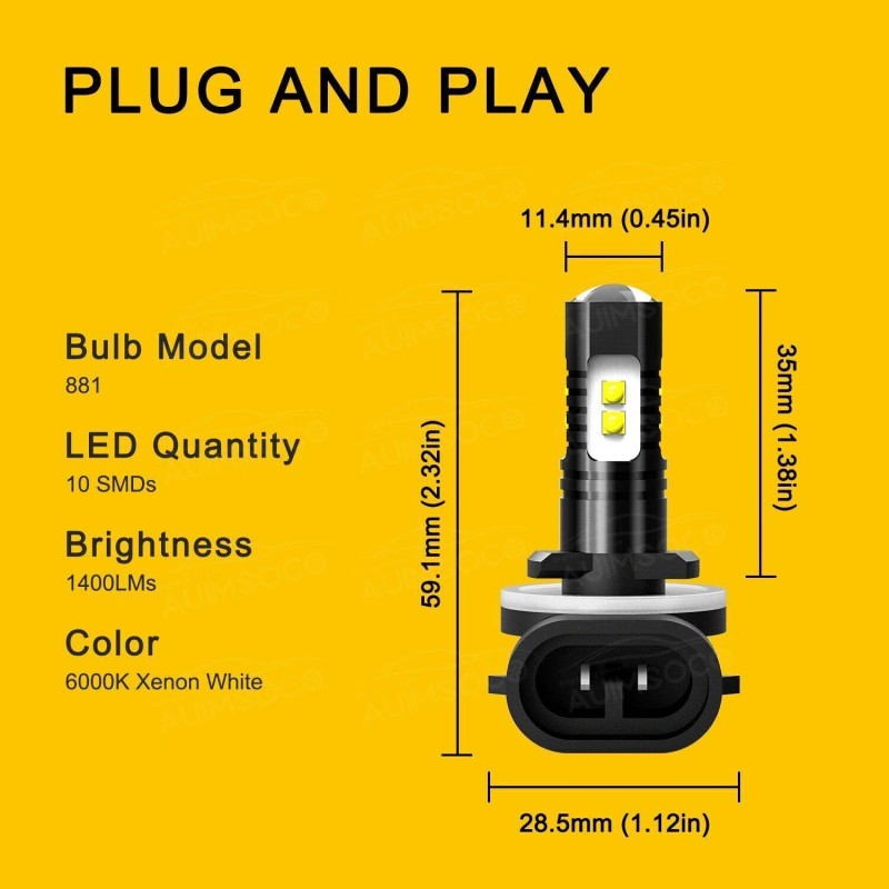 AUIMSOCO 881 894 889 LED Fog Light Driving Bulb 6000K