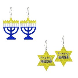 1-3Pairs Glitter Hanukkah Dangle Earrings for Women Blue White Menorah Star Of David Earringd Religious Jewish Holiday Jewelry Accessories Chanukah Christmas Gifts, Acrylic, No Gemstone