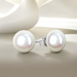 Abbie+Cleo Cultured freshwater white pearl stud earrings - Pendientes de Perlas - womens pearl earrings - 925 sterling silver earrings studs - butterfly clasp (Silver - Button - 8mm)