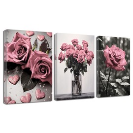 ZQQART Pink Rose Wall Art 3 PCS Bloom Pink Flower Canvas Prints Rustic Black and White Pink Floral Painting for Girls Room Wall Decor (Pink16.00" x 24.00" x 3)