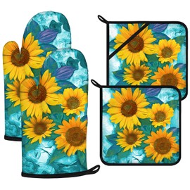 Sunflower Oven Mitts and Pot Holders Sets 4Pcs,Extra Long Oven Gloves Potholder for Kitchen Cooking Baking BBQ 100% Cotton Heat Resistant