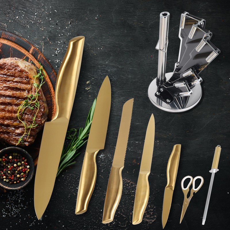 Gold Knife Set，8Pcs Golden Titanium Stainless Steel Dishwasher Safe Kitchen