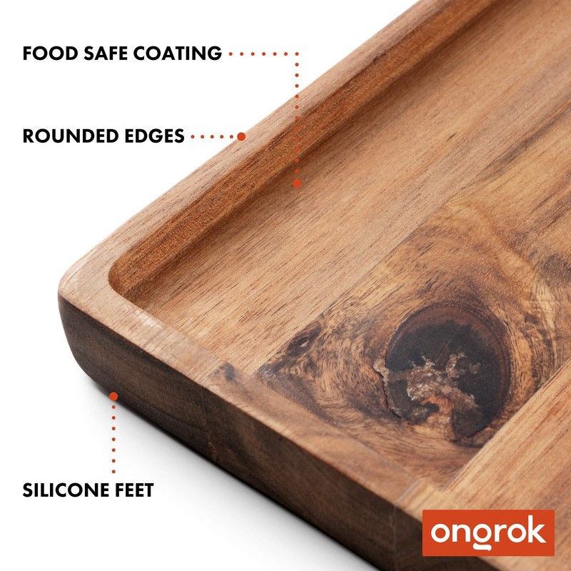 ONGROK Natural Acacia Wood Decorative Tray | Large Rolling Surface,
