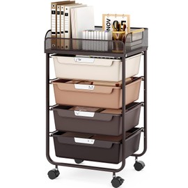 SYKIARIOL Rolling Cart with 4 Drawers,4 Tiers Rolling Utility Cart Craft Cart,Rolling Storage Drawer Cart with Mesh Top,Storage Cart with Drawers & 4 PCS DIY Lable, Brown