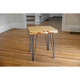 SOUTHERN RUSTIC LOGWERKS Hairpin Leg Wooden Live Edge End Table (Natural Clear & Steel)