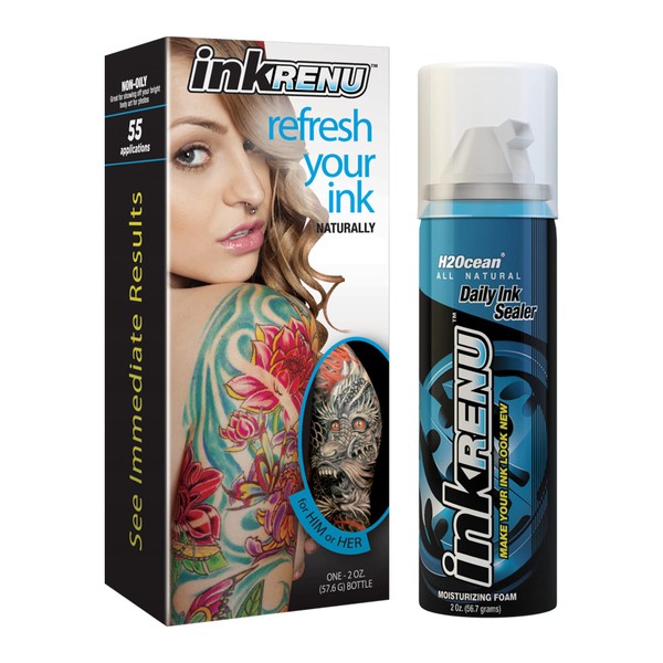 H2Ocean InkRenu Tattoo Brightener, Tattoo Aftercare Lotion for Color Enhancement & Healing, Foam Moisturizer Old Tattoos Revive, Renewal & Repair Cream 2oz