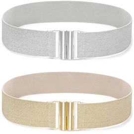 Glamorstar Women Wide Stretchy Belt Elastic Waist Belt for Ladies Dresses Beige Band Gold Buckle +Silver 95cm Fit Waist 37"-41"