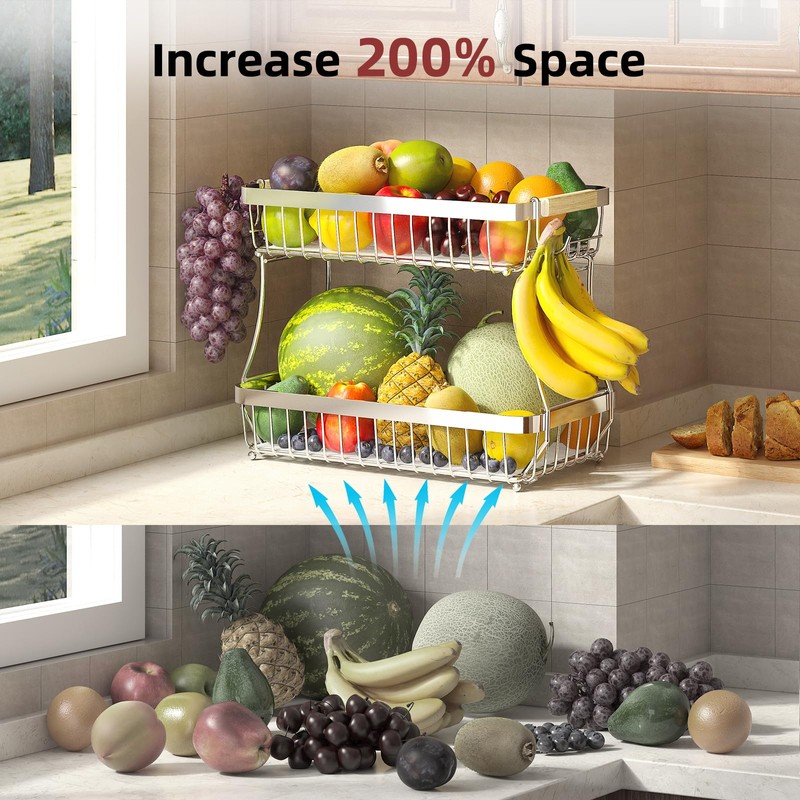 Sevenblue 2 Tier Large Fruit Basket for Kitchen Counter with
