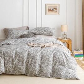 SUSYBAO Grey Paisley Duvet Cover King 100% Cotton Classical Gray Boho Duvet Cover 3 Pcs Set 1 European Bohemian Floral Duvet Cover with Zipper Ties 2 Pillowcases Luxury Soft Vintage Flower Bedding