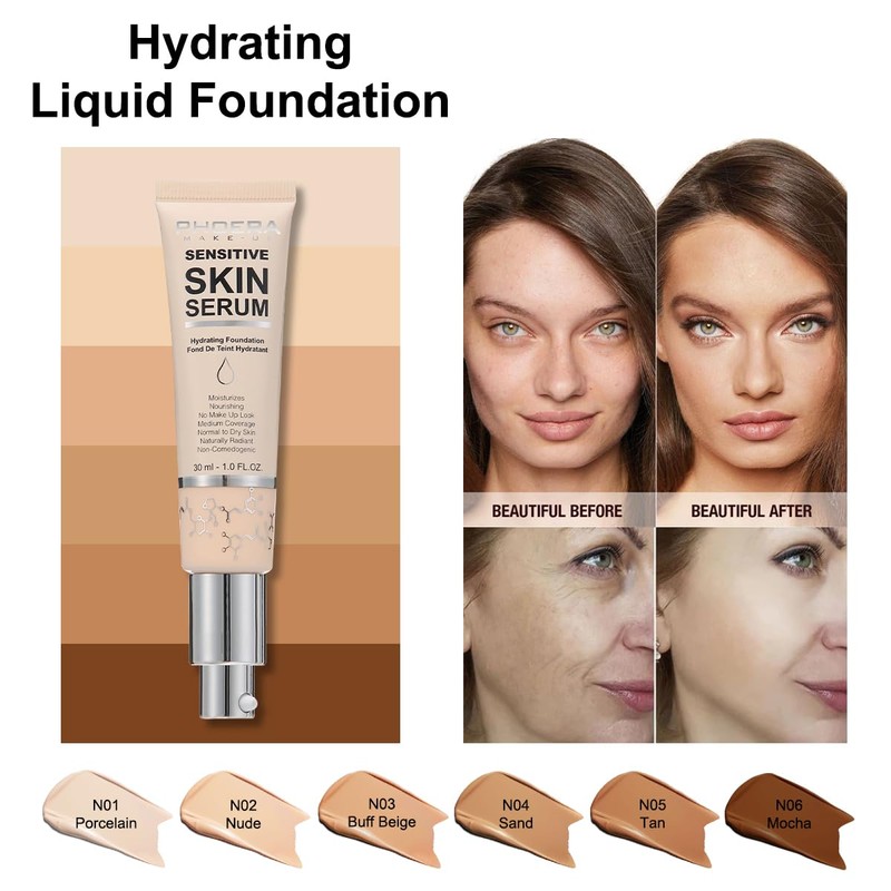 PHOERA Hydrating Serum Foundation,Makeup Base Foundation Hypoallergenic and Flawless Full
