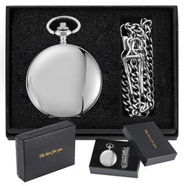 Tiong Silver Men's Smooth Steel Mechanical Pocket Watch with Luminous Dial Mechanical Pocket Watches with Chain for Men