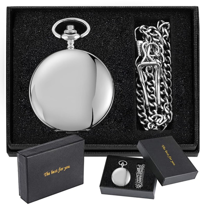 Tiong Silver Men's Smooth Steel Mechanical Pocket Watch with Luminous