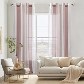 MIULEE Striped Transparent Curtains with Eyelets, Voile Curtains Living Room Modern Set of 2 Bedroom Curtains with Dusky Pink White Striped Pattern, Semi-Transparent Stripes 140 x 245 cm