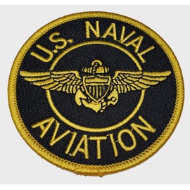 U S Naval Aviation with Pilot Wings Small Round Patch - Yellow on Black Background with Gold Pilot Wings - Veteran Owned Business