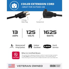 Iron Forge Cable SJEOW Black Outdoor Coiled Extension Cord 20 ft, 16/3, 13 Amp Oil Resistant & Flame Retardant 3 Prong Coiled Wire for Outdoor & Indoor