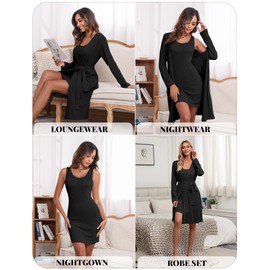 Ekouaer Robe Sets for Women Sleepwear Rib Knit Bodycon Nightgown with Robes Set 2 Piece Soft Lightweight Loungewear, Black M