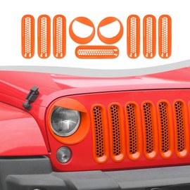 SQQP Mesh Grille Grill Insert+Angry Bird Style Headlight Turn Light Cover Trim Fit for 2007-2018 Jeep Wrangler JK JKU(Orange)