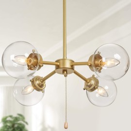 KSANA Gold Chandelier with Pull Chain On/Off Switch, 2 in 1 Sputnik Chandeliers and Semi Flush Mount Ceiling Light for Dining Room, D19.7"x H11.5"