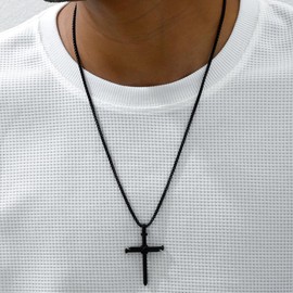 Dreuyet Nail Cross Necklace for Men Stainless Steel Vintage Polished Black Gold Silver Nail Cross Pendant Chain 24 inch Strength Bible Verse Cross Necklace Christian Jesus Jewelry Gifts (Black)