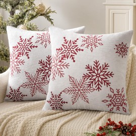 MIULEE Pack of 2 Christmas Decorative Throw Pillow Covers 18x18 Inch Soft Chenille Pillow Cases with Snowflake Embroidery Farmhouse Couch for Home Decor Sofa Bedroom，White and red