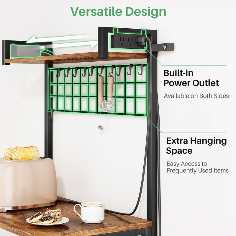 SNTD Bakers Rack with Power Outlet, Kitchen Shelves Microwave Stand