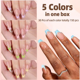 CHANGAR French Gel Nail Tips, 150Pcs Extra Short Coffin French Tip Press on Nails with Pre-applied Tip Primer & Base Coat No Need File False Nails for Nail Art DIY（Rainbow- trapezoid）