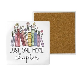 Book Lover Gifts for Women Ceramic Coaster with Cork Backing Pads, Square Coaster Pads for Bookworm, UV Printing, 10 X 10 X 0.7 Cm - Just One More Chapter